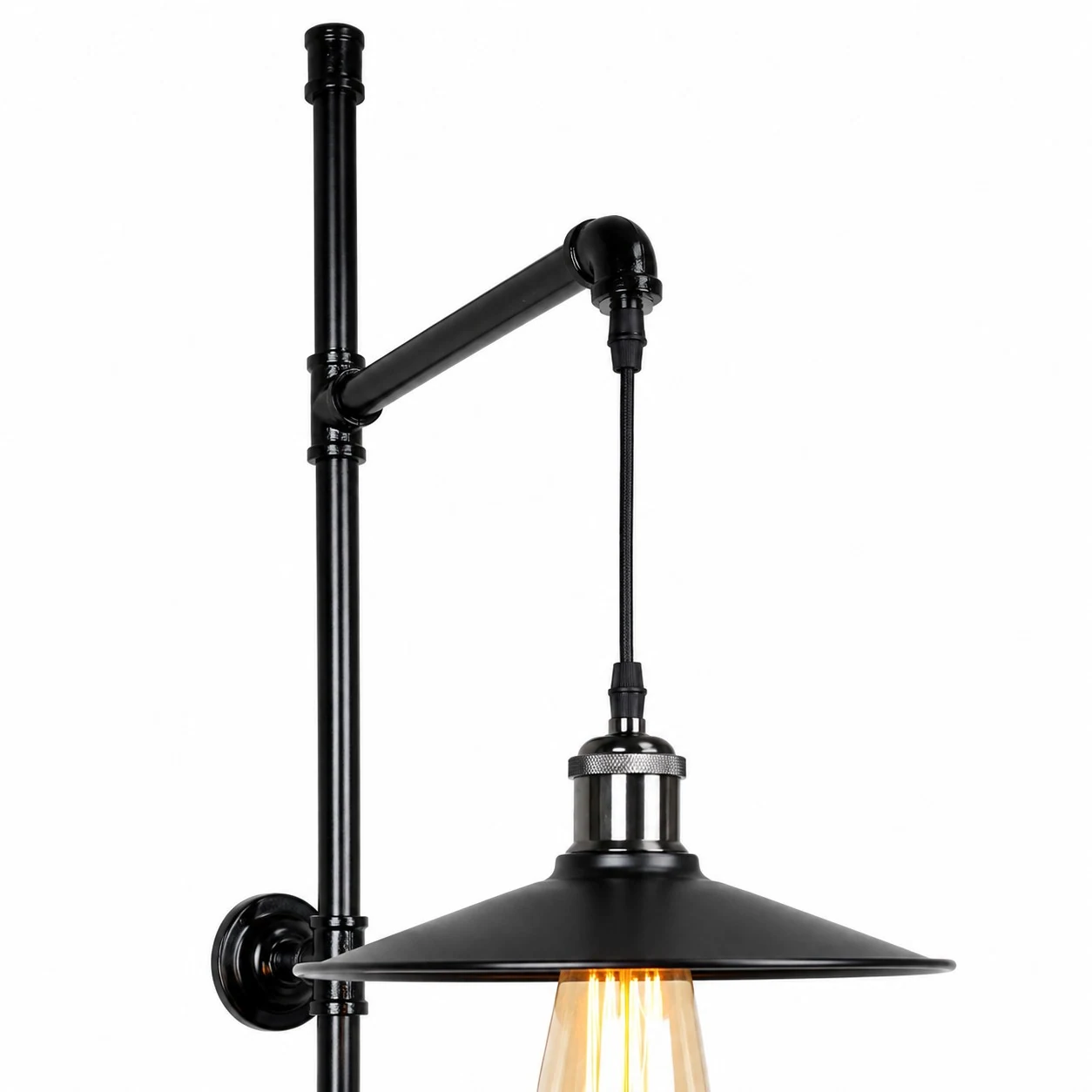 Close view of black pipe arm and hanging socket