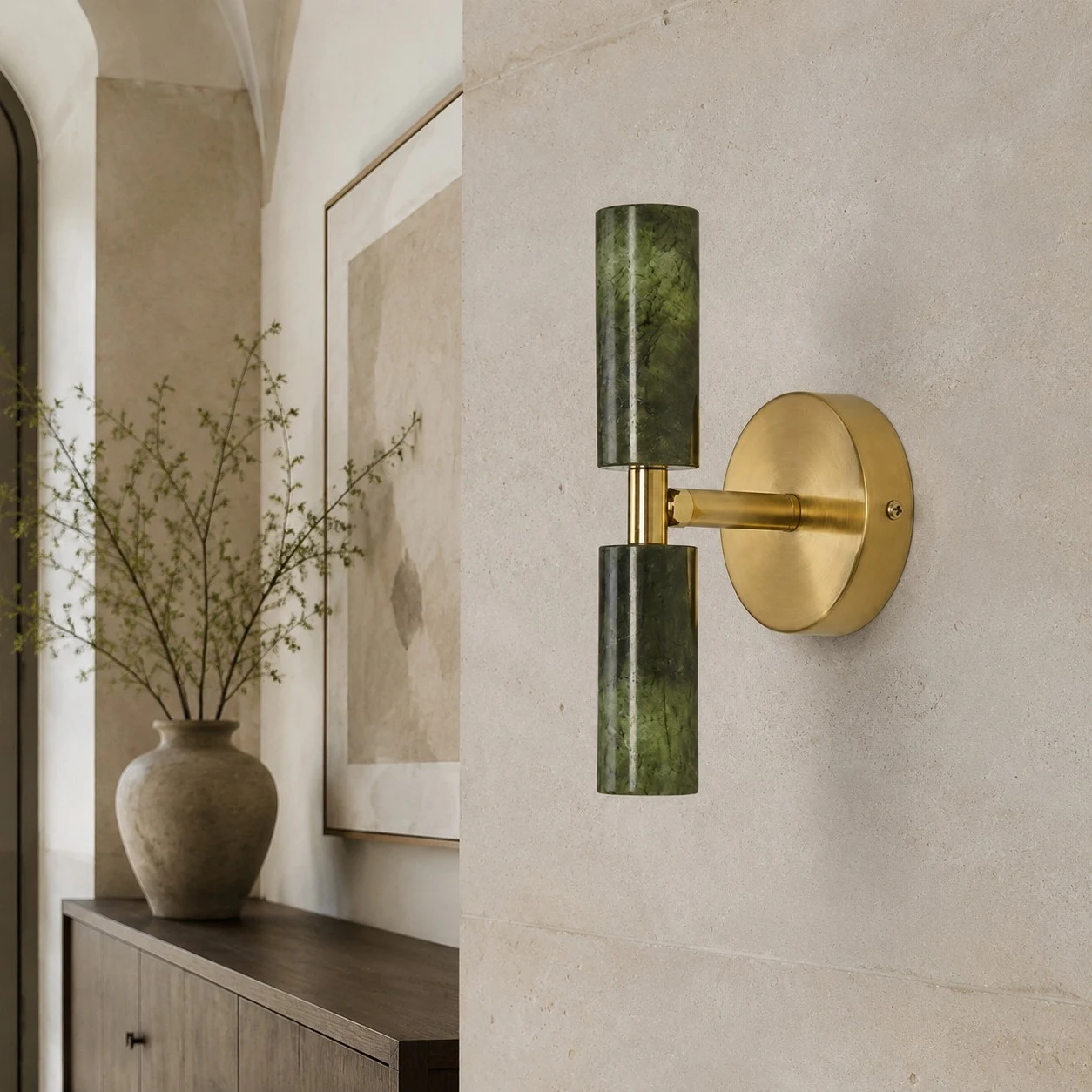 Natural green jade wall sconce installed in a hallway setting