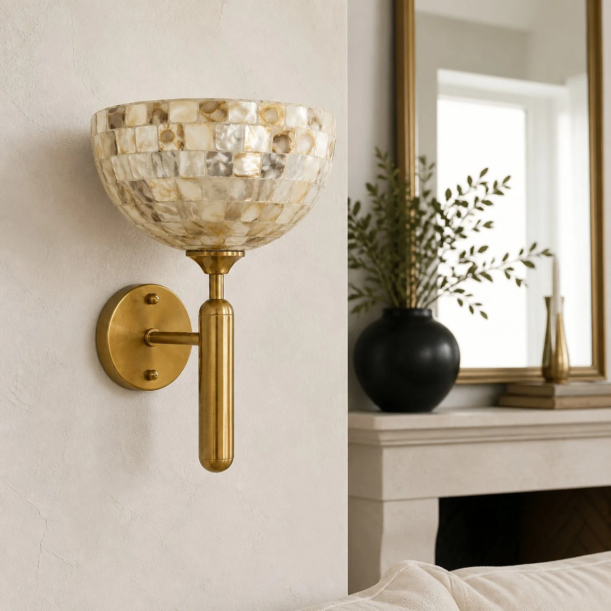 White shell mosaic brass wall sconce