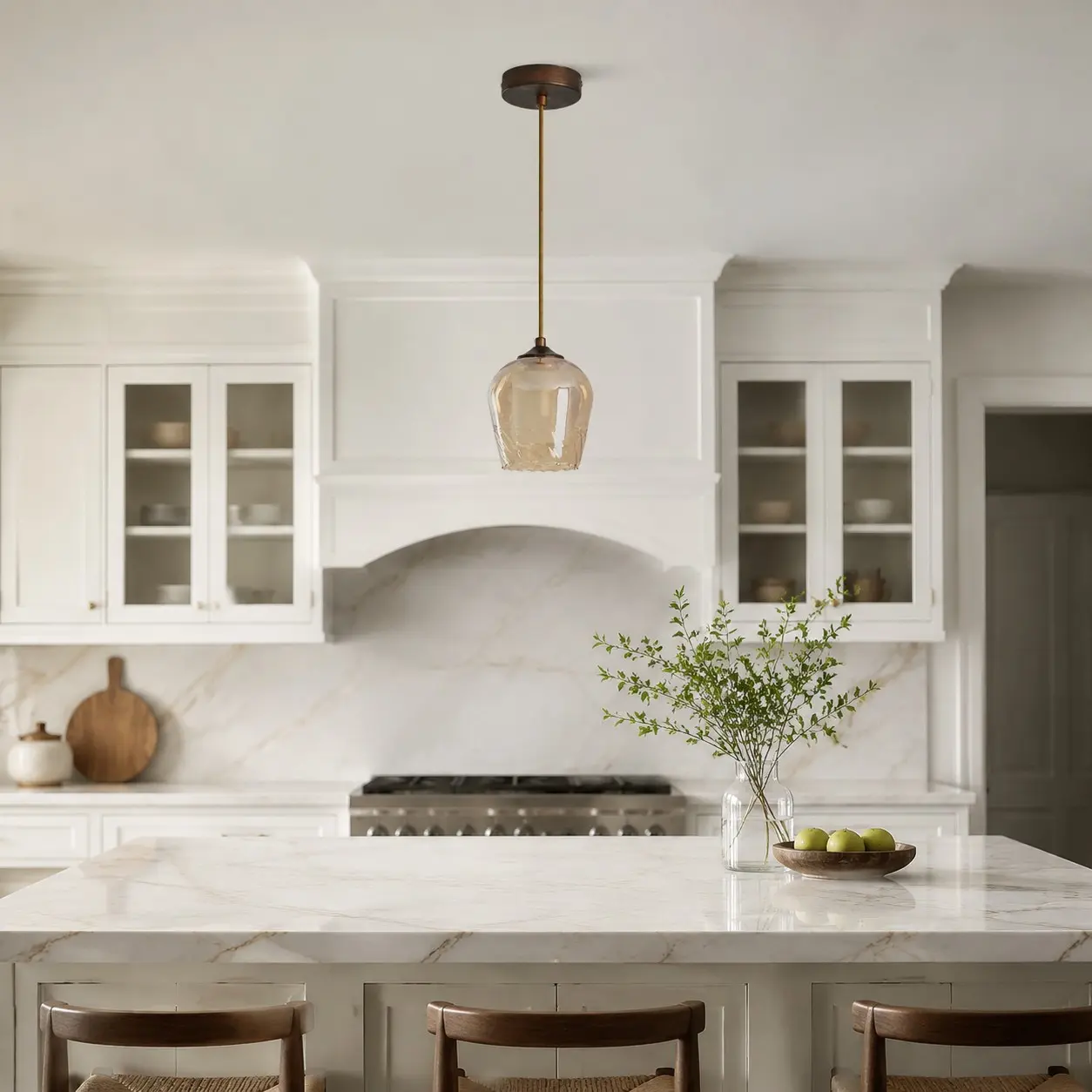 Amber glass pendant light in a bright kitchen