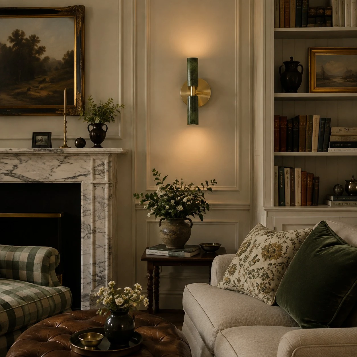 Natural green jade wall sconce illuminated in a traditional living room