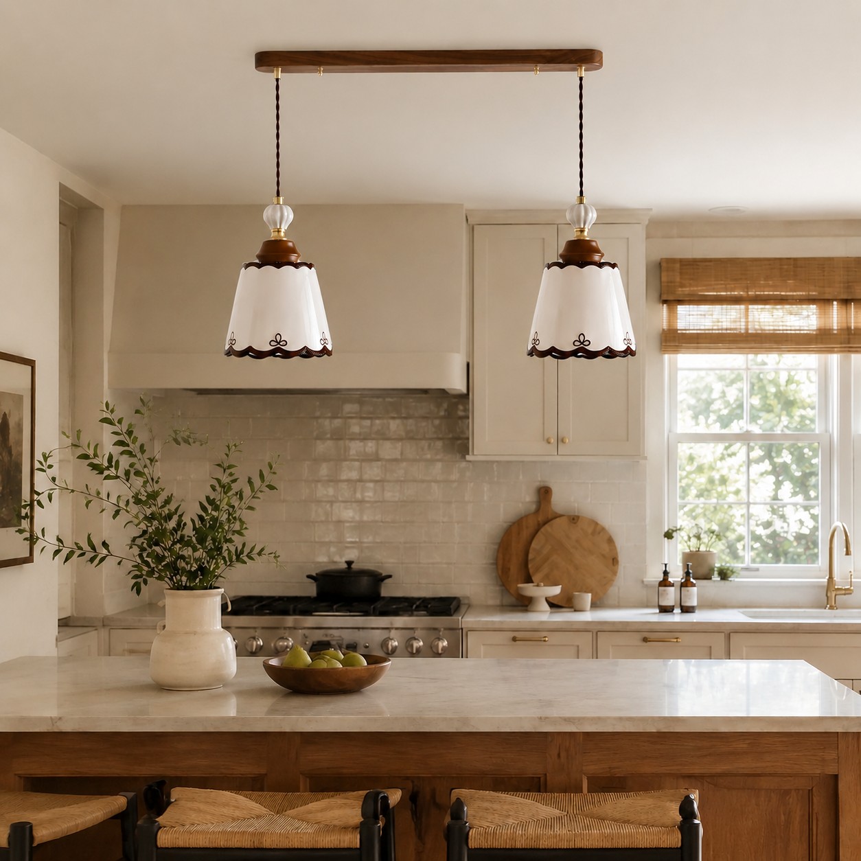 two-light ceramic pendant above a bright kitchen island