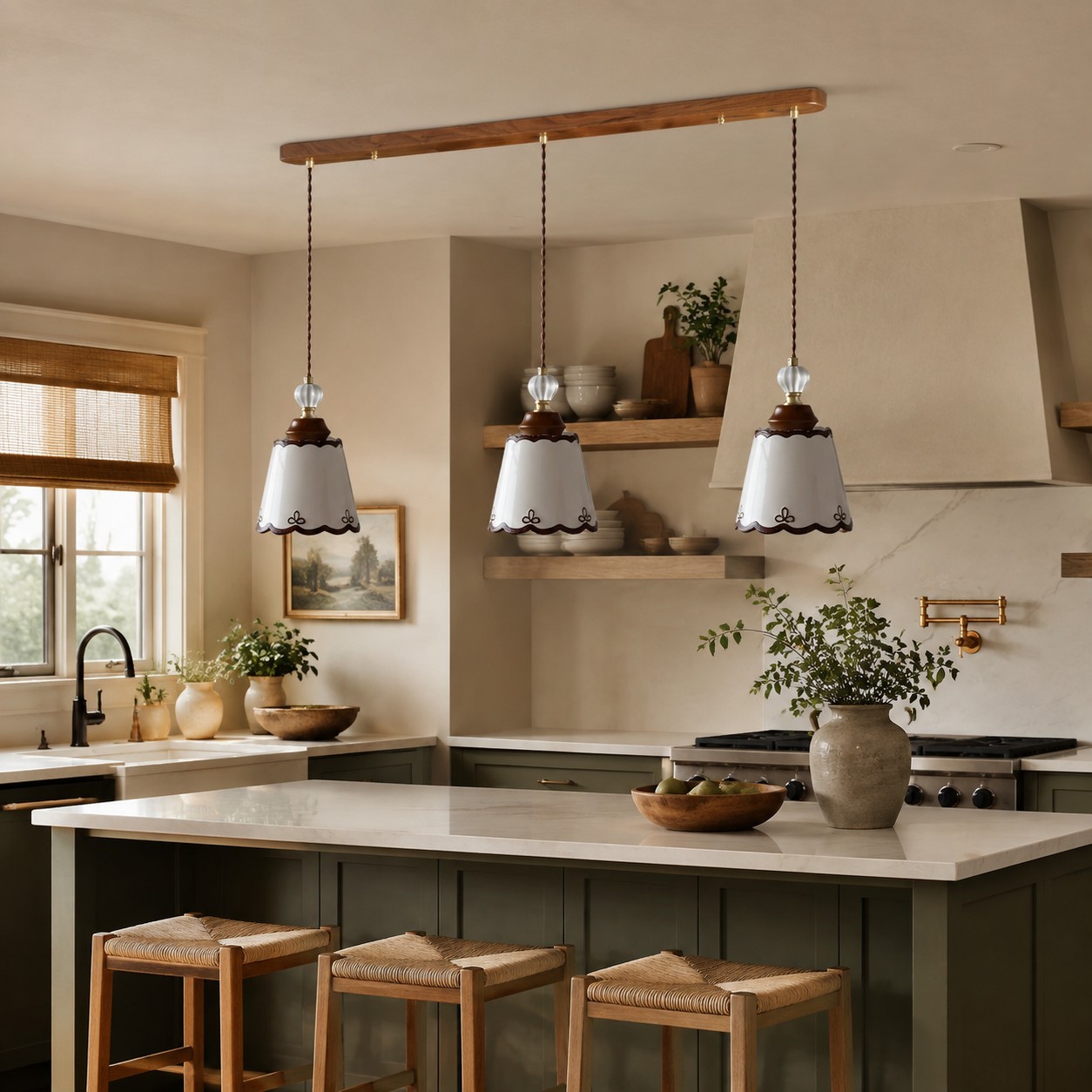 three-light ceramic pendant above a warm kitchen island