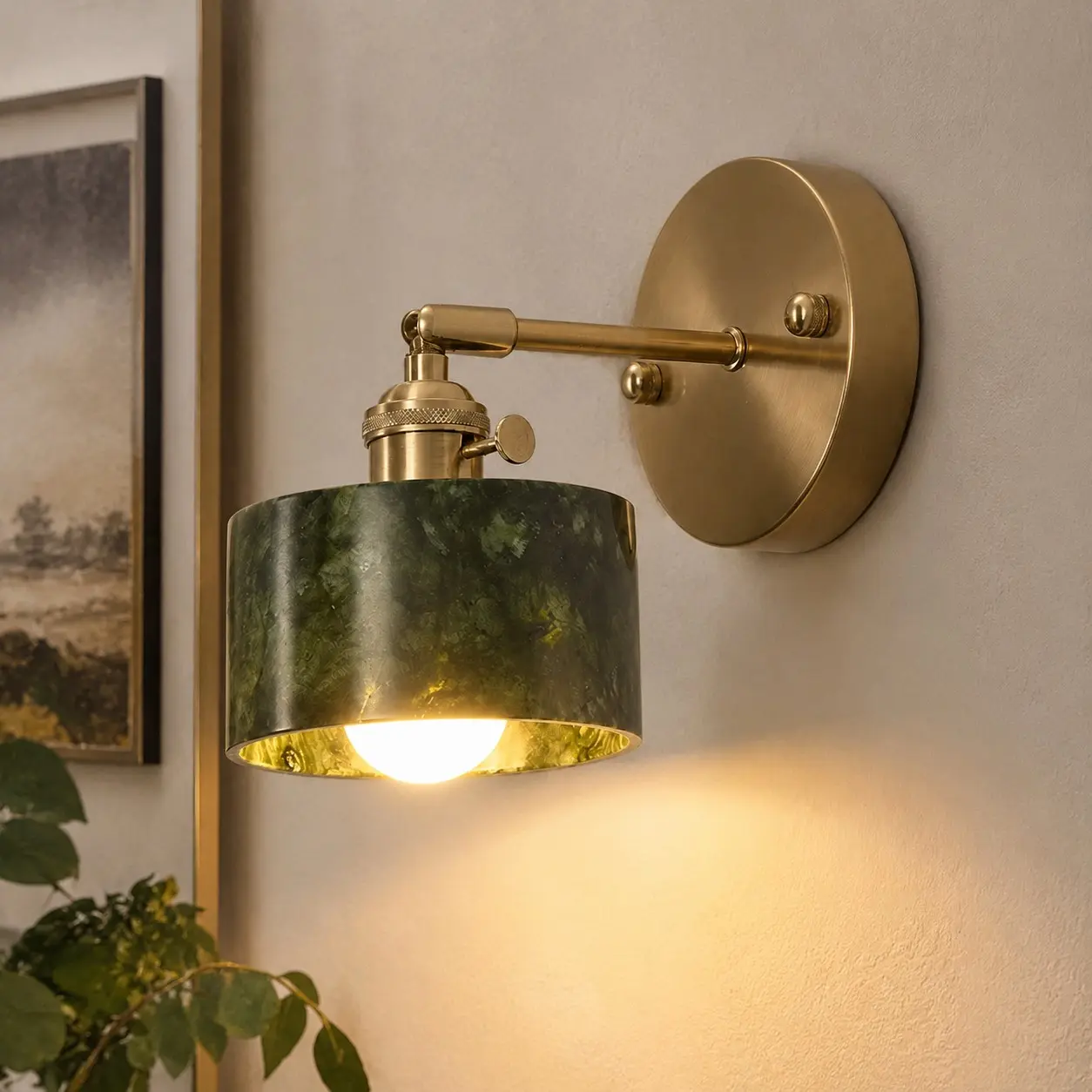 Cylindrical green stone wall light in use