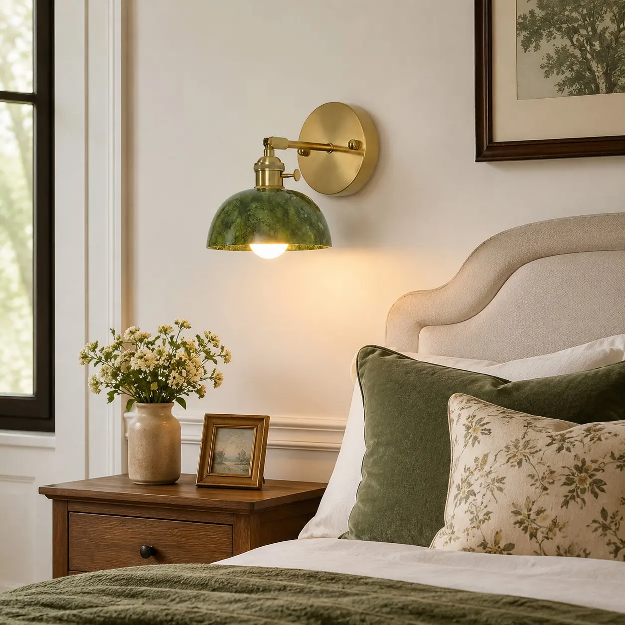 Green stone wall light in a bedroom